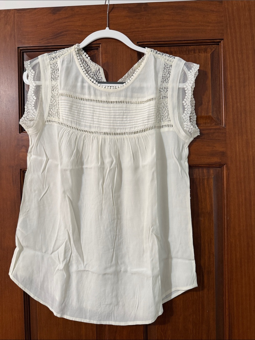 Meadow Rue Cream Lace Pintuck Yoke Cap-Sleeve Blouse